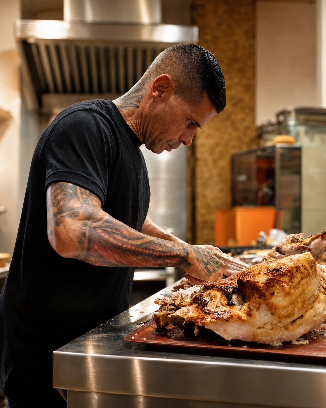 Iván cortando a mano la pata asada en Churrería Los Arenales